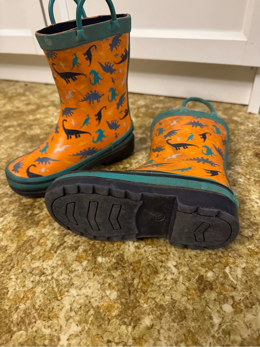 Kids Orange Dinosaur Rain Boots with Teal Trim
